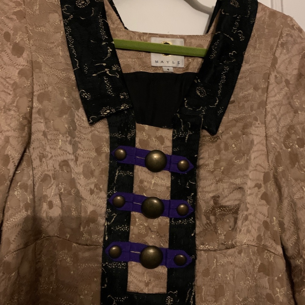JANE MAYLE Make An Offer BEIGE GOLD METALLIC PURPLE TRIM BABYDOLL DRESS - Picture 3 of 5